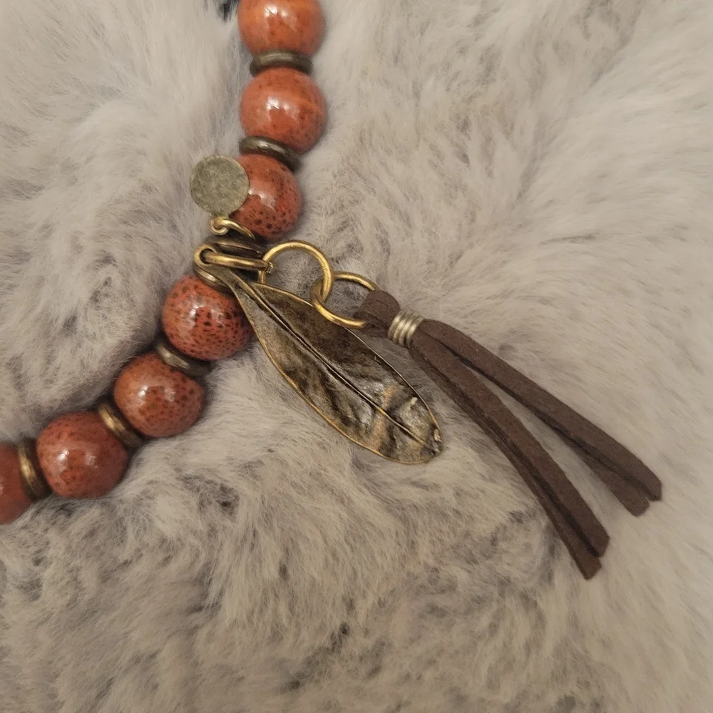 Red Dotted Bead Bracelet with Fringe and Metal Feather G MAN